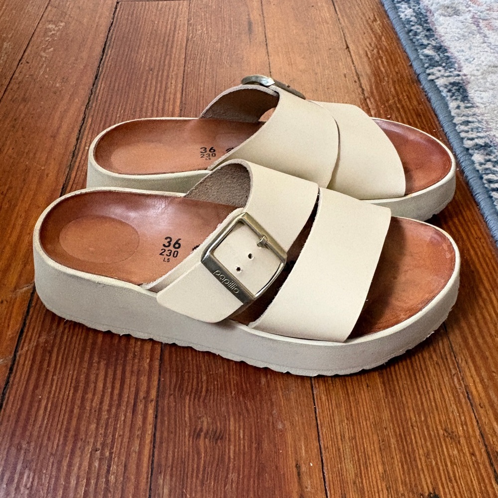 Beige Two-Strap Platform Slide Sandals with Buckle